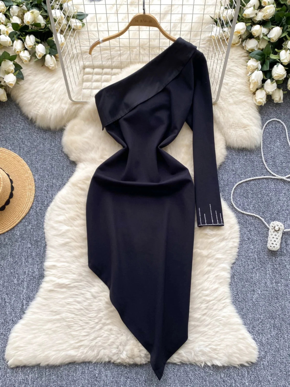 Korean Autumn Black Elegant Diagonal Collar Irregular Midi Dress Women Off Shoulder Long Sleeves Festival Sundress Fashion Trend