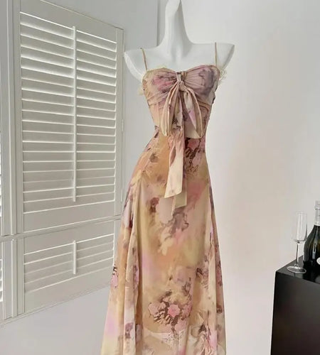 Summer Vintage Fashion Yellow Print Bow Party Long Dress For Women Elegant Slim Vacation Backless Dresses 2025 New Robe Bohemian