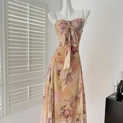 Load image into Gallery viewer, Summer Vintage Fashion Yellow Print Bow Party Long Dress For Women Elegant Slim Vacation Backless Dresses 2025 New Robe Bohemian
