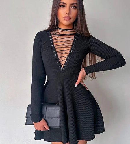 Autumn/Winter Women New Sexy Deep V-neck Long Sleeved Dress Hollow Lace Up Waist Wrap Elegant Party Evening Dress