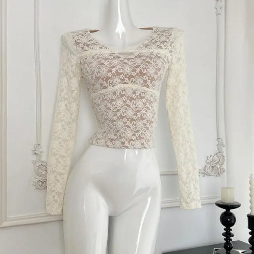 Load image into Gallery viewer, Autumn Vintage Ladies Beige Lace V Neck Pullover T Shirt French Fashion Women Elegant Long Sleeved Short Bottom Tops Simplicity
