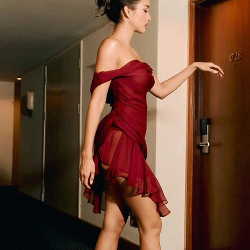 Load image into Gallery viewer, Summer 2024 New Sexy Spicy Girl Slim Dress Women Slant Neck Sleeveless Ruffle Edge Mesh Dress Elegant Party Club Vestido
