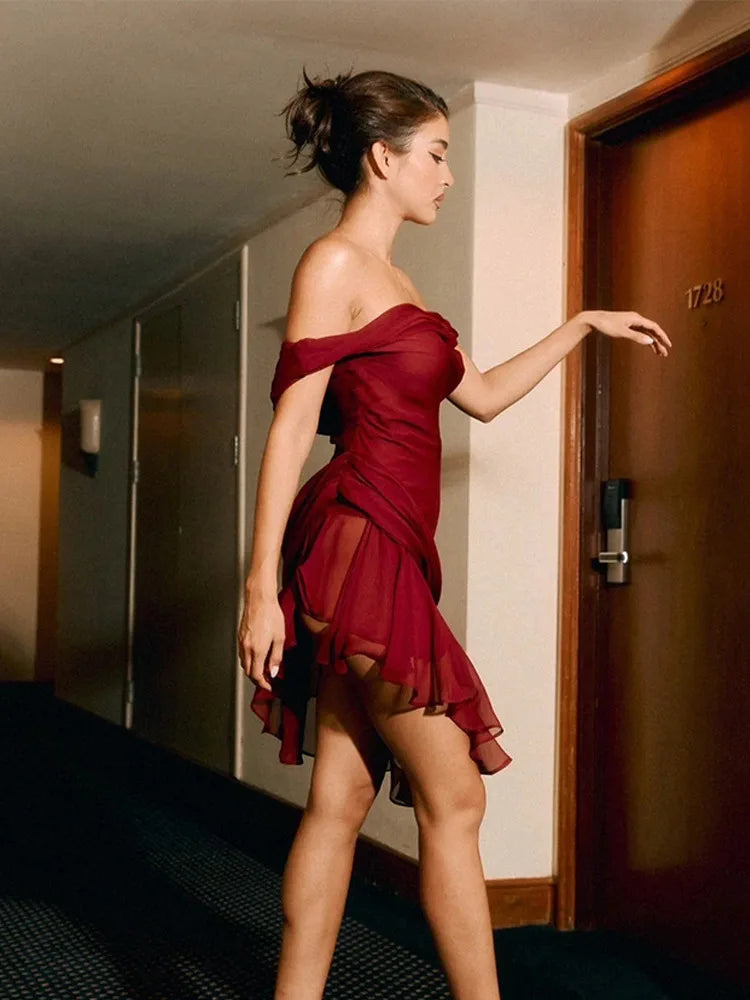 Summer 2024 New Sexy Spicy Girl Slim Dress Women Slant Neck Sleeveless Ruffle Edge Mesh Dress Elegant Party Club Vestido