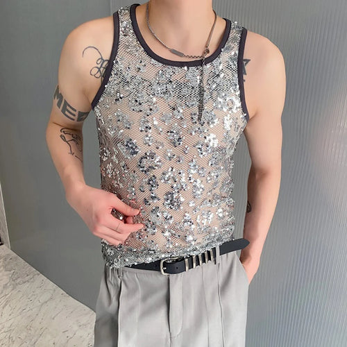 Load image into Gallery viewer, Men&#39;s Tank Top Sleeveless Round Neck Sequin Splicing Fashion High Street Slim Hollow Out Vest Summer 9C5711
