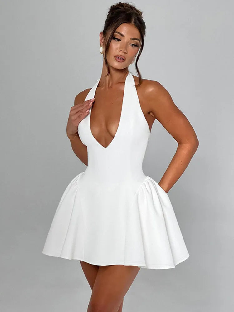 Deep V Neck Backless Sexy Mini Dress For Women Elegant Halter Sleeveless High Waist A-line Pleated Club Party Dress