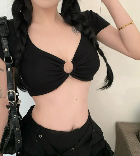 y2k Crop Tops Women Summer Clothes Sexy Solid Color Metal Ring Short Sleeve Padded T Shirts 2000s Clothing Streetwear