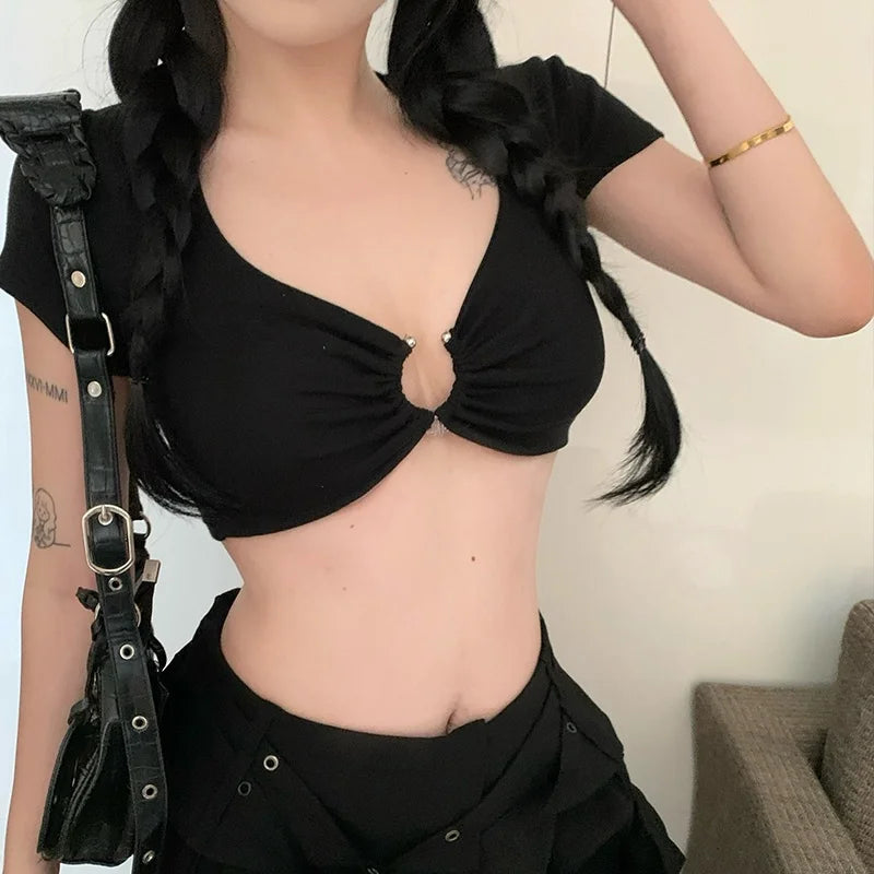 y2k Crop Tops Women Summer Clothes Sexy Solid Color Metal Ring Short Sleeve Padded T Shirts 2000s Clothing Streetwear