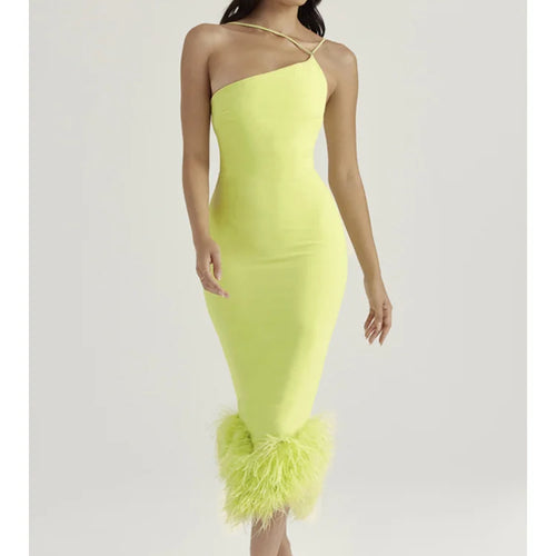 Load image into Gallery viewer, Elegant Spaghetti Strap Feather Midi Dress For Women Robe Fashion Sexy Backless Bodycon Club Party Dress Vestido
