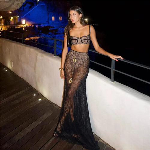 Load image into Gallery viewer, See Through Lace Two Piece Skirt Sets Women Crop Top And Maxi Skirt Sets Elegant Party Beach Sexy Two Piece Set
