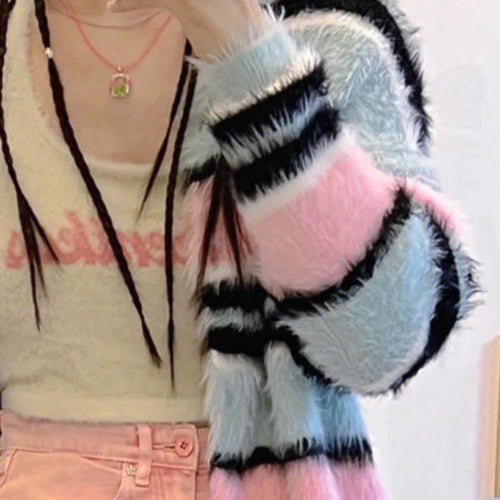 Load image into Gallery viewer, Kawaii Rainbow Striped Cardigan Women Detachable Long Sleeve Fluffy Sweater Coat Japanese Y2k All Match Kardigan Jacket
