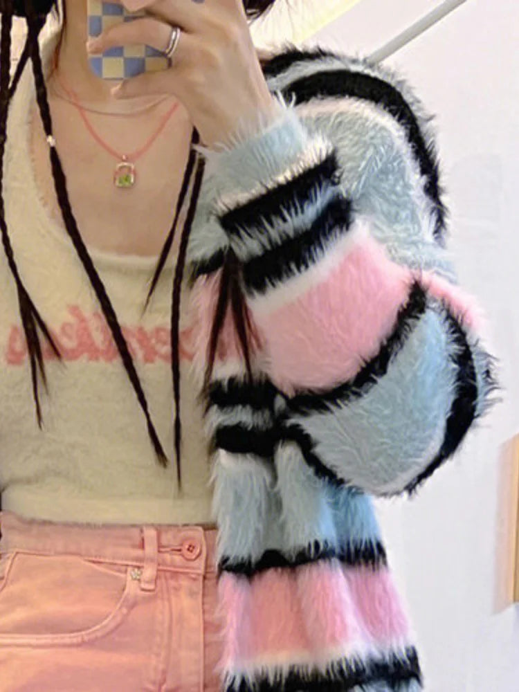 Kawaii Rainbow Striped Cardigan Women Detachable Long Sleeve Fluffy Sweater Coat Japanese Y2k All Match Kardigan Jacket
