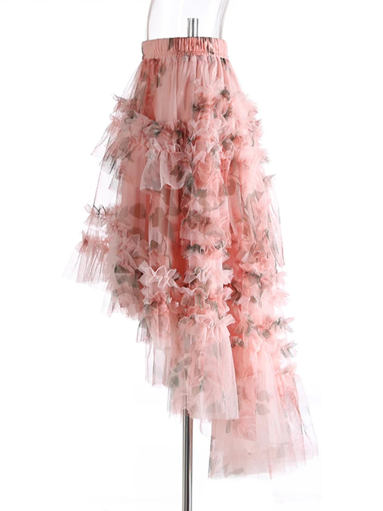 High Elastic Waist Apricot Mesh Irregular Ball Gown Half-body Skirt Women Fashion Tide New Spring Autumn 2025 1DJ1274
