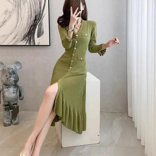 Load image into Gallery viewer, Autumn French Green V-neck Elegant Ruffles Knitted Dress Women Slim Long Sleeve Office Single Breast Dress 2024 New Fashion Chic
