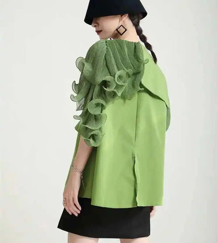 Women Green Irregular Ruffles Big Size Blouse New Lapel Short Sleeve Loose Fit Shirt Fashion Spring Summer 2025 1DF4886