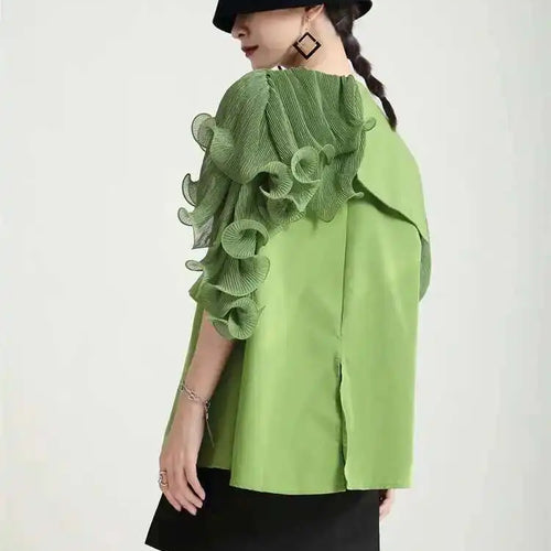 Load image into Gallery viewer, Women Green Irregular Ruffles Big Size Blouse New Lapel Short Sleeve Loose Fit Shirt Fashion Spring Summer 2025 1DF4886
