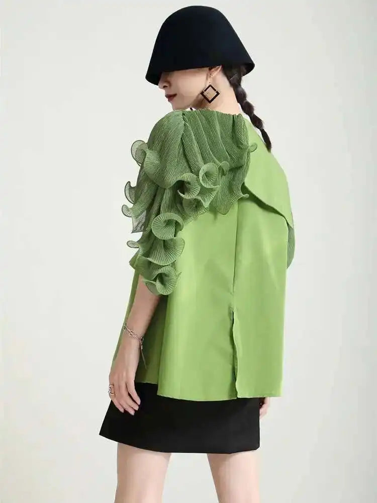 Women Green Irregular Ruffles Big Size Blouse New Lapel Short Sleeve Loose Fit Shirt Fashion Spring Summer 2025 1DF4886