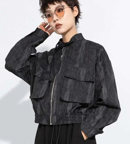 Black Big Size Pocket Short Casual Jacket New Stand Collar Long Sleeve Women Coat Fashion Tide Spring Autumn 2025 1DH8223