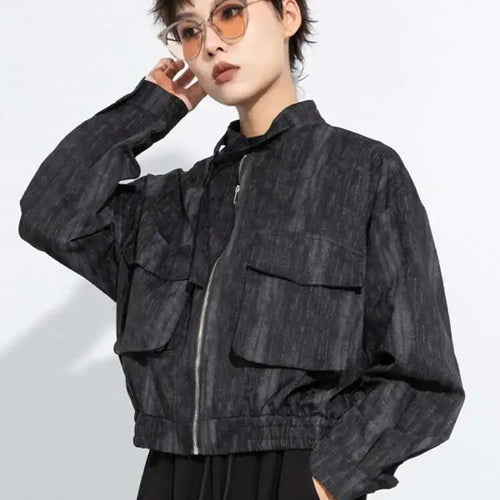 Load image into Gallery viewer, Black Big Size Pocket Short Casual Jacket New Stand Collar Long Sleeve Women Coat Fashion Tide Spring Autumn 2025 1DH8223
