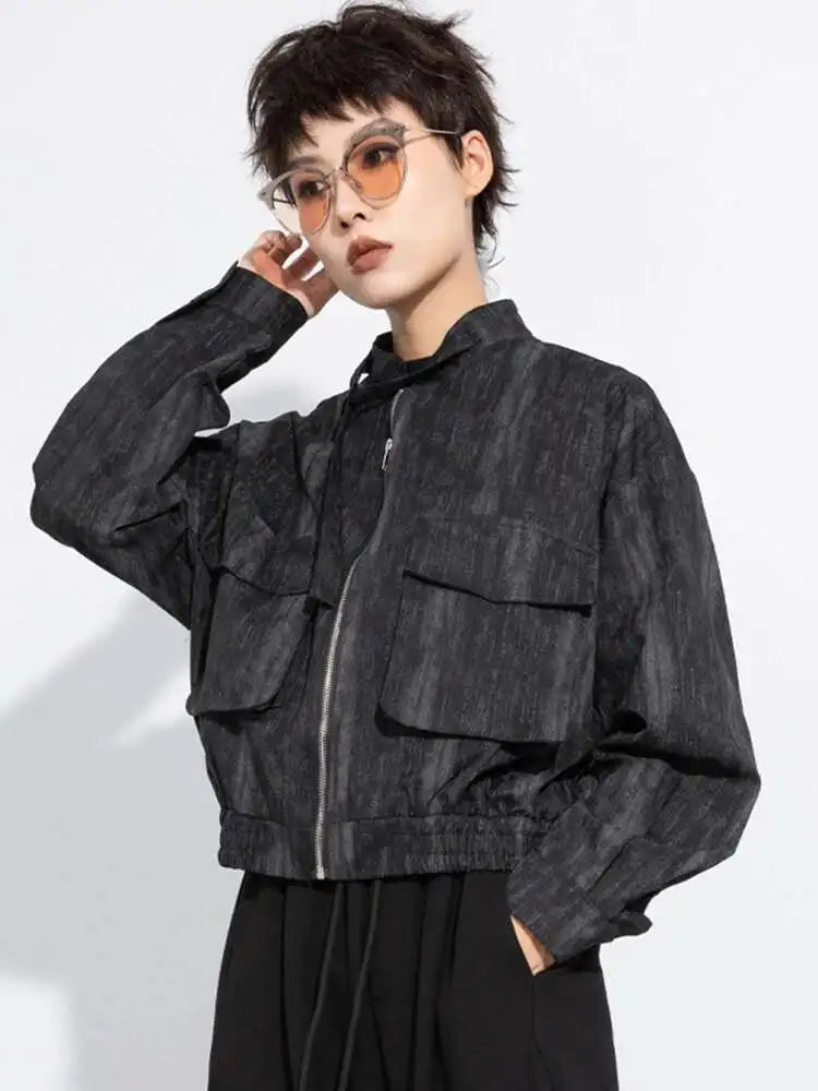 Black Big Size Pocket Short Casual Jacket New Stand Collar Long Sleeve Women Coat Fashion Tide Spring Autumn 2025 1DH8223