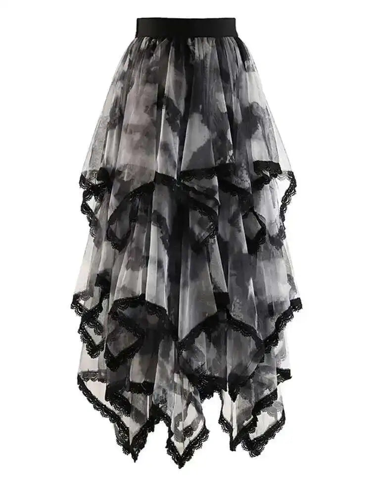 High Elastic Waist Red Irregular Lace Mesh A-line Midi Half-body Skirt Women Fashion Tide New Spring Autumn 2025 1DH9407