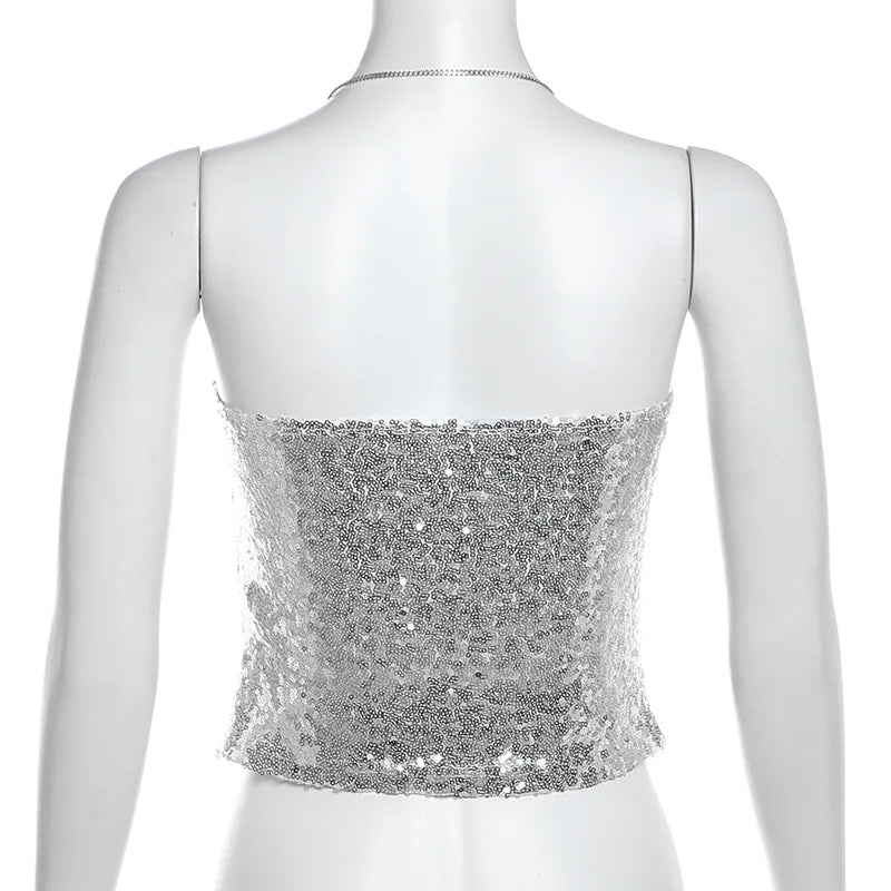 Glitter Silver Sexy Crop Tops Clubwear Party Outfit Y2k Girls Summer Tanks & Camis 2024 Trendy Clothes P94-BD17