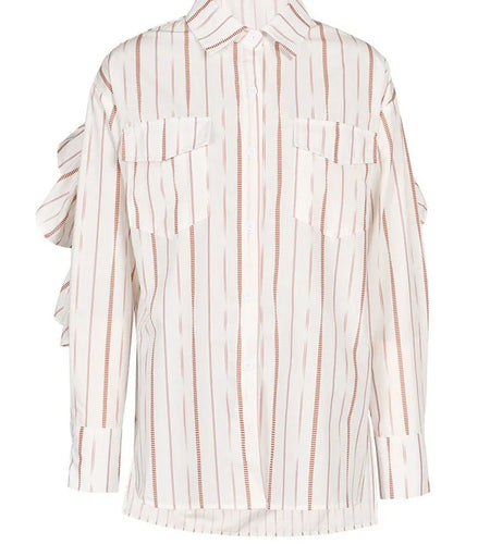 Women Red Striped Ruffles Big Size Blouse New Lapel Long Sleeve Loose Fit Shirt Fashion Tide Spring Autumn 2025 7AB00103