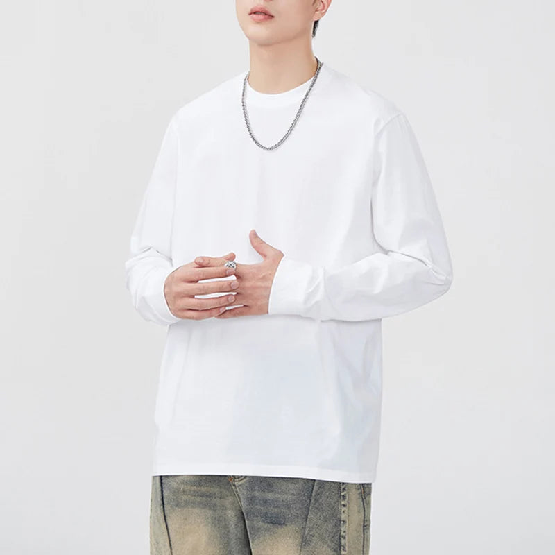 Men's Long Sleeved T-shirt Round Neck Solid Color Pullover Casual Top New Spring Loose Fashion Trend 2025 Male 9W1316