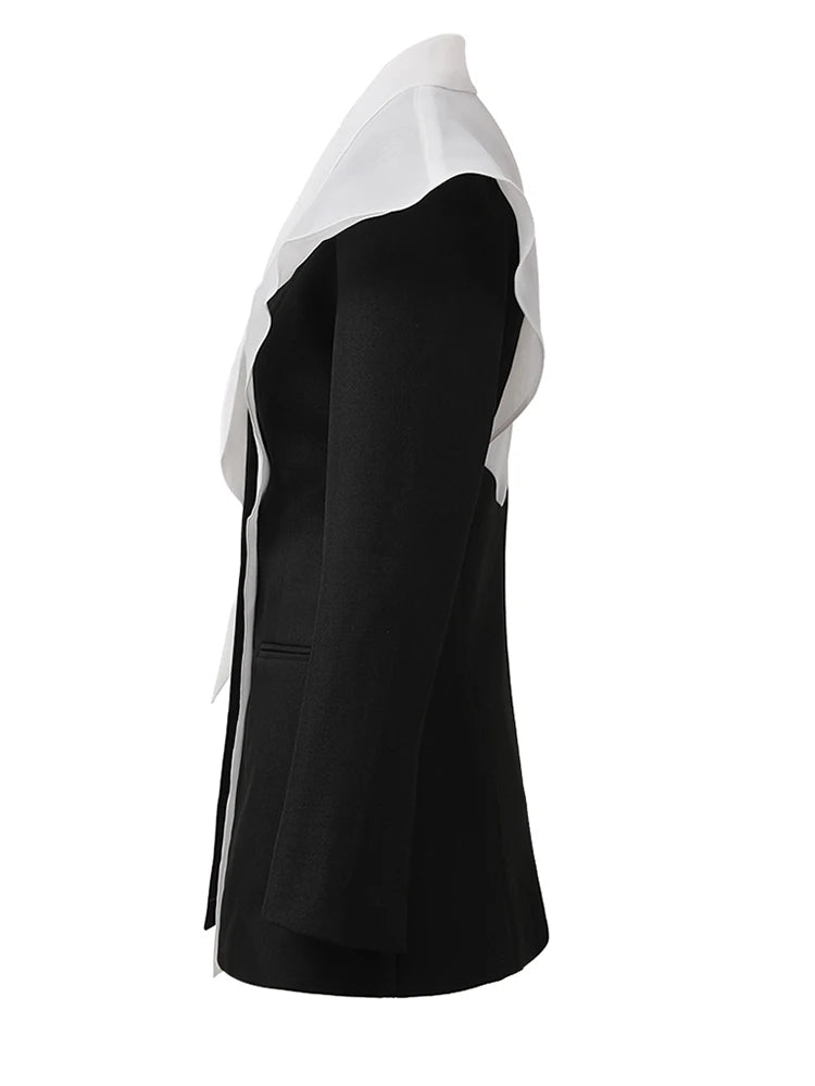 Women White Black Color-block Chiffon Elegant Blazer New Lapel Long Sleeve Jacket Fashion Tide Spring Autumn 2025 CPDB137