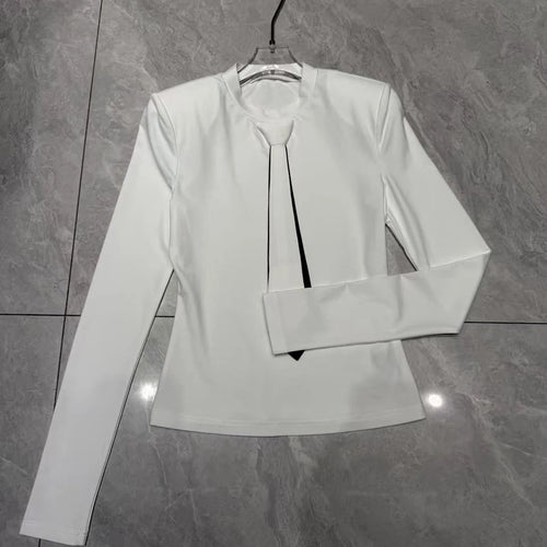 Load image into Gallery viewer, Colorblock Slimming Spliced Necktie Fashion T Shirts for Women Round Neck Long Sleeves Temperament T Shirt Female
