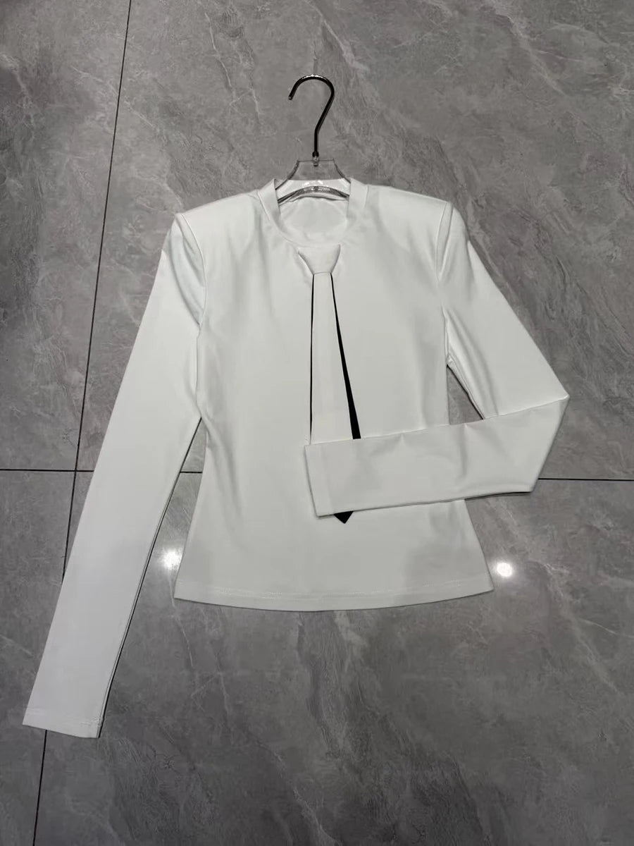 Colorblock Slimming Spliced Necktie Fashion T Shirts for Women Round Neck Long Sleeves Temperament T Shirt Female