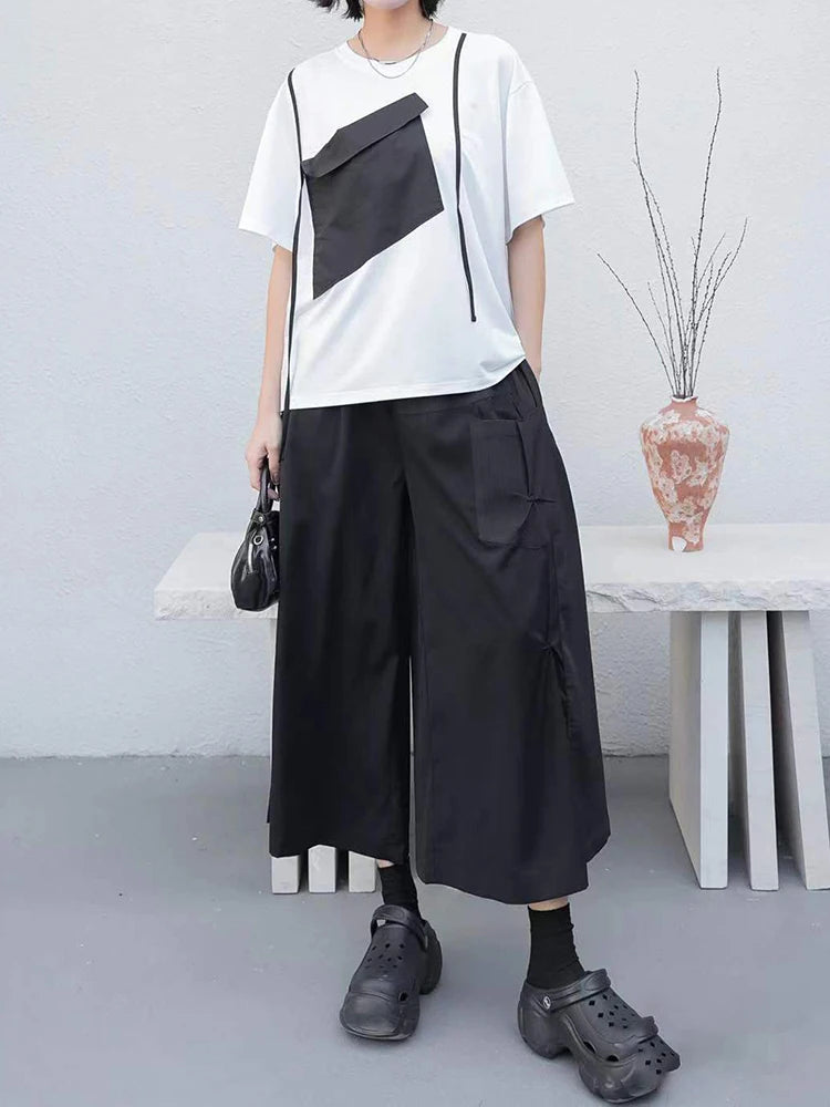 Women White Pocket Color-block Big Size T-shirt New Round Neck Short Sleeve Fashion Tide Spring Summer 2025 1DJ0213