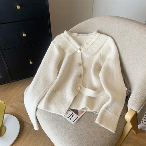 Load image into Gallery viewer, Women White Patchwork Cardigan Sweater Red Long Sleeve Ruffles Doll Collar Office Lady Knit Button Tops 2024 Spring Autumn Trend

