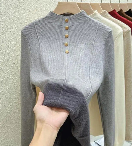 Autumn Winter Korean Fashion Solid Half High Neck Single Breasted Velvet Knit Sweater Women Slim Warm Long Sleeve Pullovers Tops
