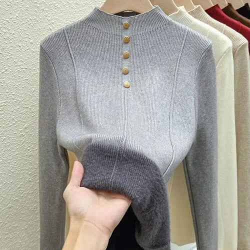 Load image into Gallery viewer, Autumn Winter Korean Fashion Solid Half High Neck Single Breasted Velvet Knit Sweater Women Slim Warm Long Sleeve Pullovers Tops
