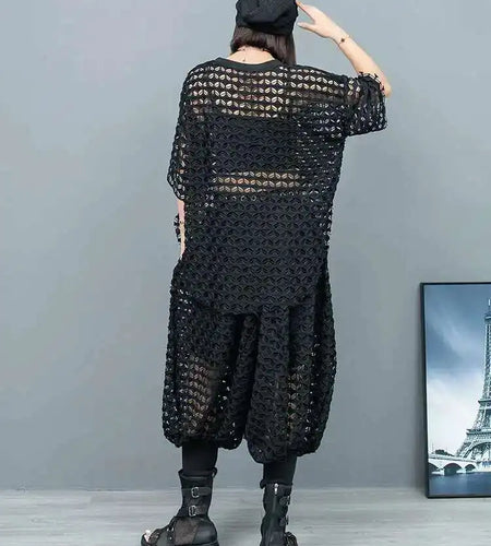 Big Size Mesh T-shirt Wide Leg Pants Two Piece Suit New Round Neck Short Sleeve Women Fashion Spring Summer 2025 1DH6432