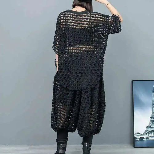 Load image into Gallery viewer, Big Size Mesh T-shirt Wide Leg Pants Two Piece Suit New Round Neck Short Sleeve Women Fashion Spring Summer 2025 1DH6432
