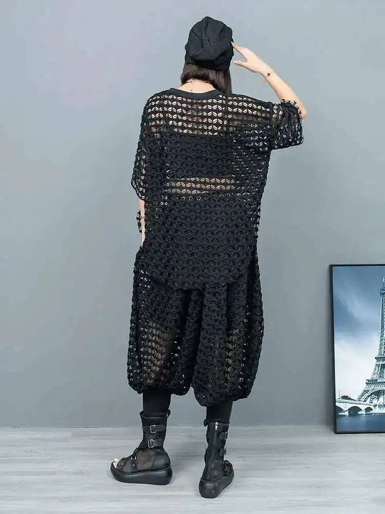 Big Size Mesh T-shirt Wide Leg Pants Two Piece Suit New Round Neck Short Sleeve Women Fashion Spring Summer 2025 1DH6432