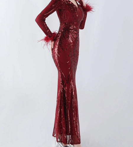 Solid Spliced Feather Slimming Dresses For Women V Neck Long Sleeve High Waist Temperament Dress Female Fashion New