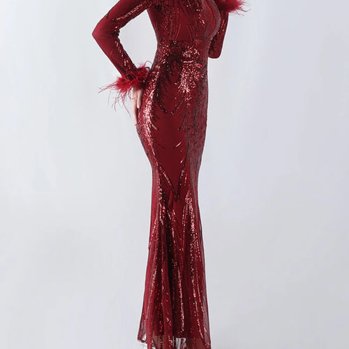 Load image into Gallery viewer, Solid Spliced Feather Slimming Dresses For Women V Neck Long Sleeve High Waist Temperament Dress Female Fashion New
