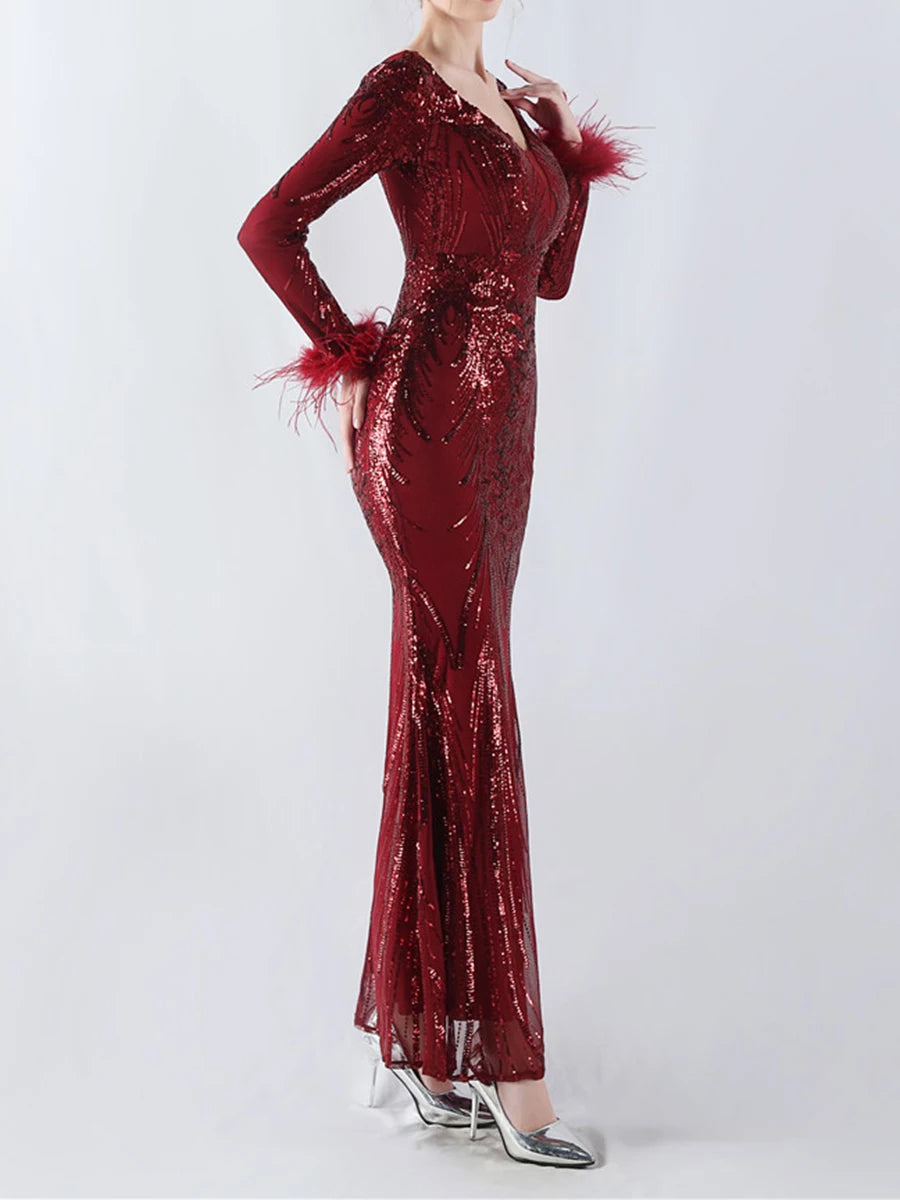 Solid Spliced Feather Slimming Dresses For Women V Neck Long Sleeve High Waist Temperament Dress Female Fashion New