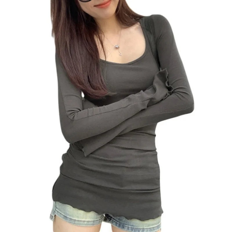 y2k Tops for Women Aesthetic Clothing Solid Color Round Neck Flared Long Sleeve T Shirts 2000s Clothes Streetwear