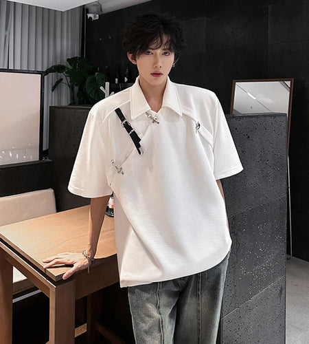 Men's T-shirts New Korean Style Metal Belt Buckle Design Shoulder Pad Trendy Turn-down Collar Stylish Male Tops 9W1917