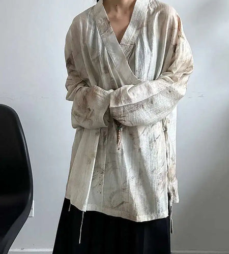 Women Apricot Printed Bandage Big Size Vintage Blouse New V-neck Long Sleeve Shirt Fashion Tide Spring Autumn 2025 1DJ0468