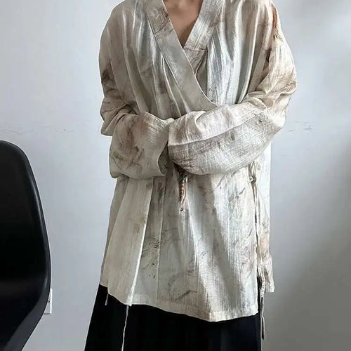 Load image into Gallery viewer, Women Apricot Printed Bandage Big Size Vintage Blouse New V-neck Long Sleeve Shirt Fashion Tide Spring Autumn 2025 1DJ0468
