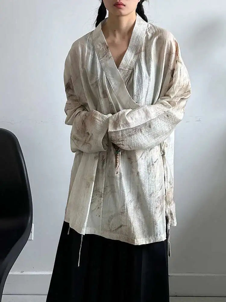 Women Apricot Printed Bandage Big Size Vintage Blouse New V-neck Long Sleeve Shirt Fashion Tide Spring Autumn 2025 1DJ0468