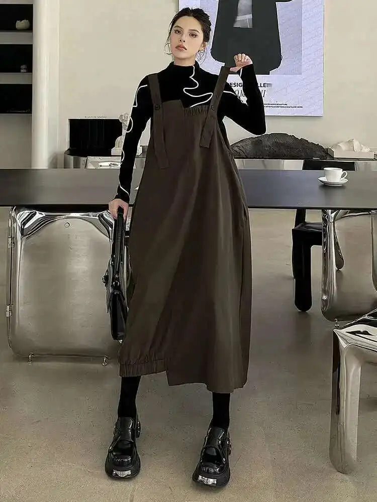 Women Coffee Irregular Spliced Big Size Strap Dress New Square Collar Sleeveless Fashion Tide Spring Autumn 2025 1DJ0050