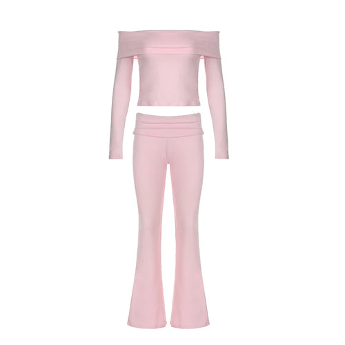 Load image into Gallery viewer, Streetwear Pink Skinny Two Pieces Set Women Solid Basic Off Shoulder T-shirt+Flare Pants Sporty Outfits Tracksuit New
