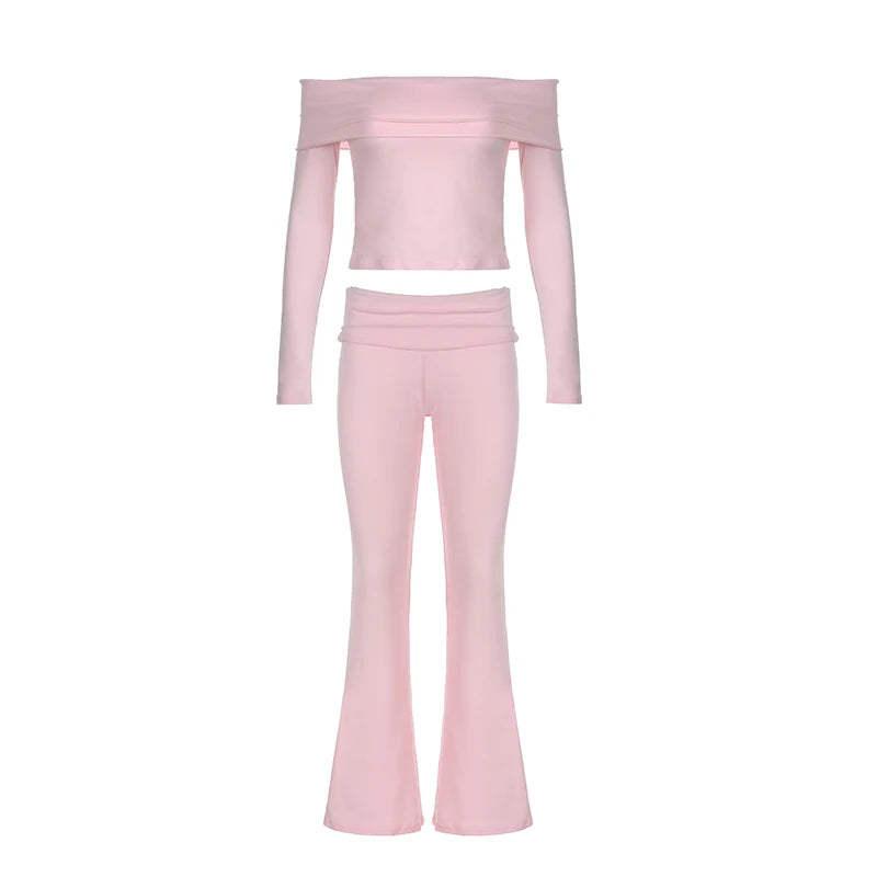 Streetwear Pink Skinny Two Pieces Set Women Solid Basic Off Shoulder T-shirt+Flare Pants Sporty Outfits Tracksuit New