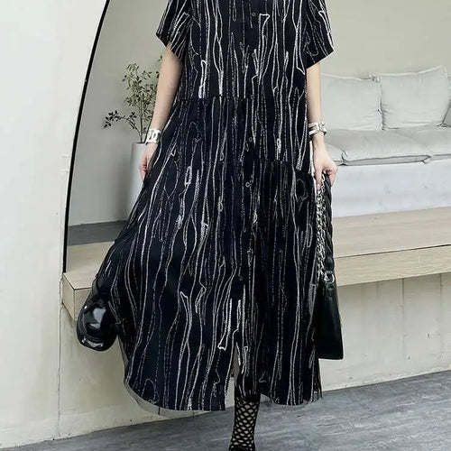 Load image into Gallery viewer, Women Black White Tie Dye Mesh Big Size Midi Shirt Dress New Lapel Short Sleeve Fashion Tide Spring Summer 2025 1DH5962
