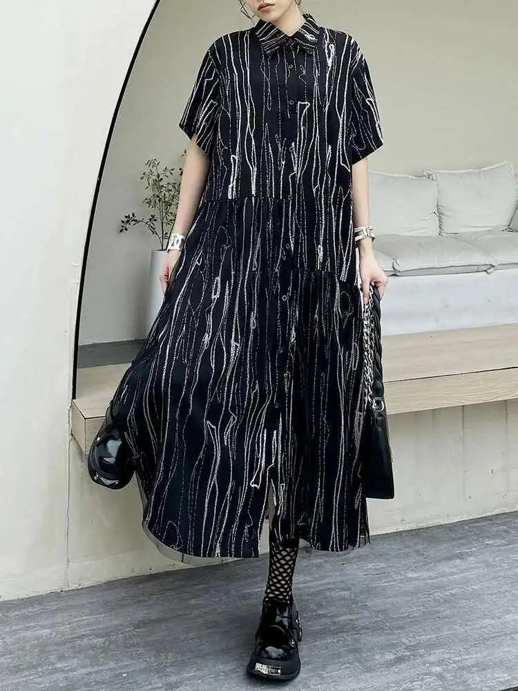 Women Black White Tie Dye Mesh Big Size Midi Shirt Dress New Lapel Short Sleeve Fashion Tide Spring Summer 2025 1DH5962